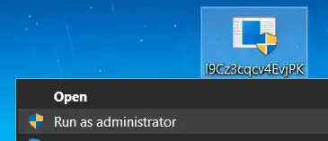 Right-click context menu on the loader executable with 'Run as administrator' highlighted.