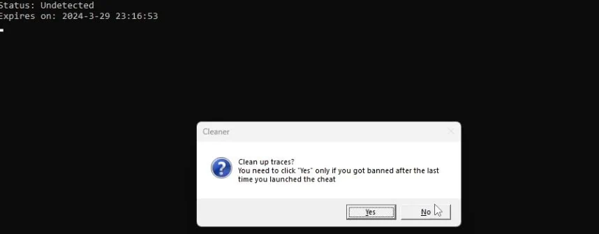 Confirmation dialog asking to run the integrated cleaner and spoofer. Decline both.