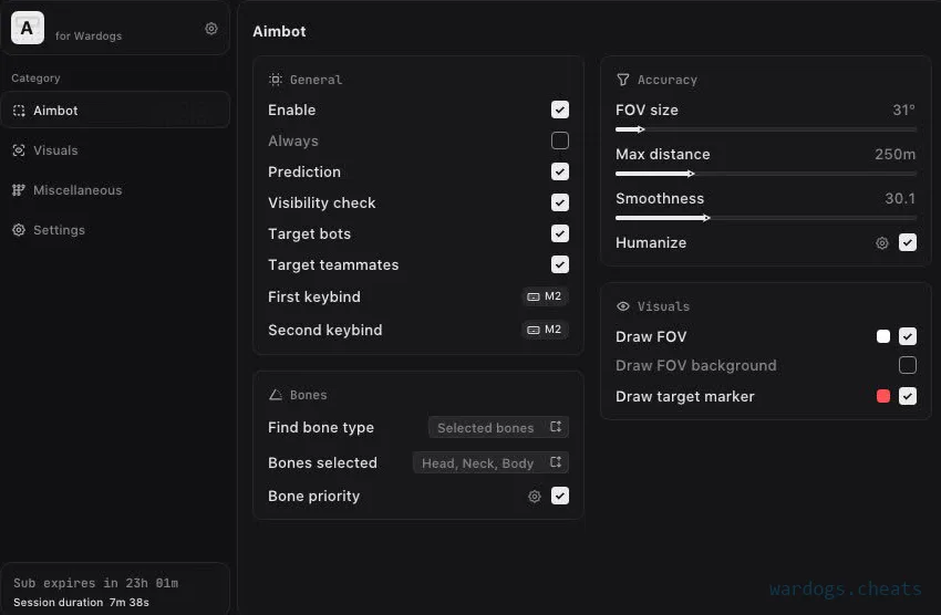 Aim tab menu with FOV cone drawn on screen, occluder gate enabled, priority chain set to head then neck then chest