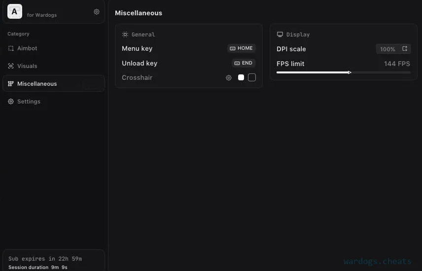 Misc tab menu showing HOME keybind for menu open, END for clean unload, custom crosshair toggle, DPI scale slider mid-drag